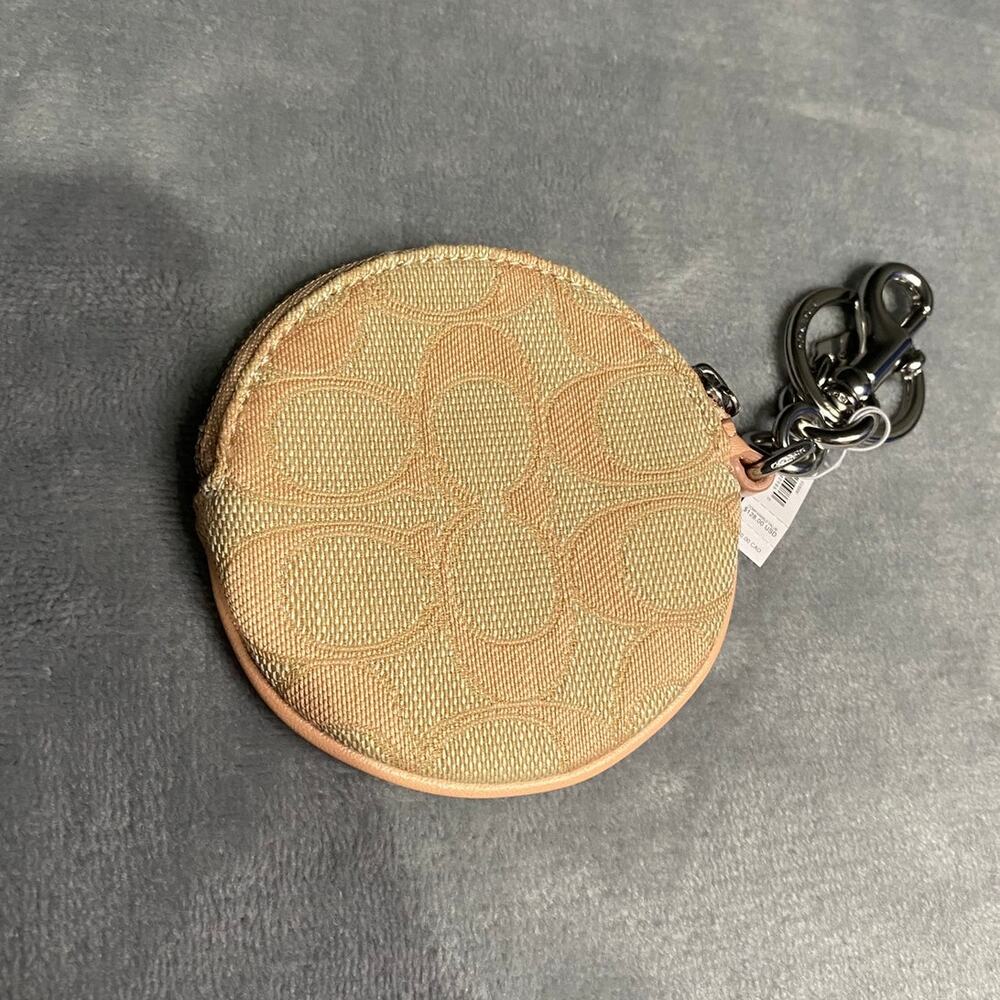 Coach Circular Coin Pouch Tan Signature Jacquard Silver Mini Bag Charm NWT